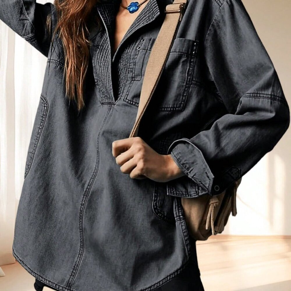 Grey Casual Women's Denim V Neck Long Sleeve Blouse with Pocket